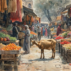 a cow standing in the middle of a market