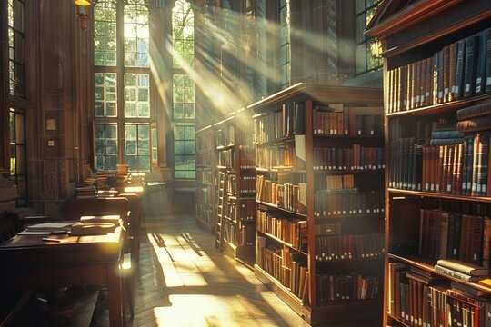 A peaceful image of a library filled with sunlight, highlighting rows of books and a quiet space for study,
