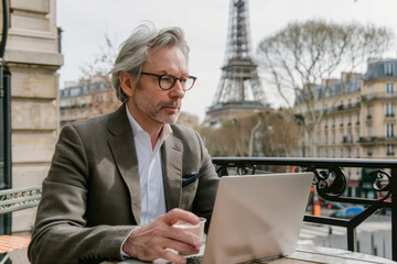 Handsome middle-aged man in Paris, drinking coffee and using laptop computer
