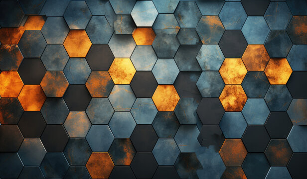 Abstract metallic texture hexagon pattern with glowing orange red flame on black grey background technology style. Modern futuristic honeycomb concept.