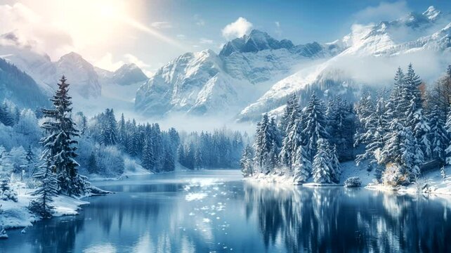 Scenes of snowy mountains, lakes, animated virtual repeating seamless 4k	