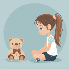 Girl sitting and staring at teddy bear on blue back