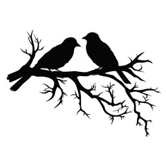 Birds on branch tree silhouette in black color. Vector template for tattoo or laser cutting.