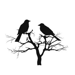 Birds on branch tree silhouette in black color. Vector template for tattoo or laser cutting.