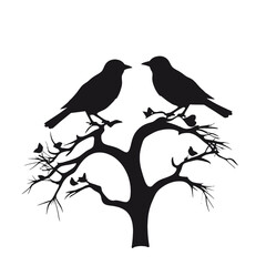 Birds on branch tree silhouette in black color. Vector template for tattoo or laser cutting.