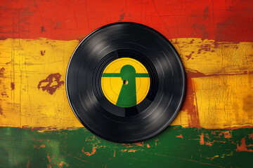 Vinyl Record on Reggae Colored Background. Music Concept with Record and Rastafarian Flag Colors