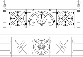 Adobe Illustrator Artwork vector sketch illustration of old classic wrought iron fence railing design, vintage floral ornament