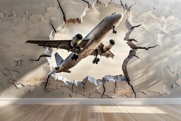 plane taking off through a hole in a broken wall - Powered by Adobe