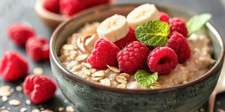 Oatmeal Porridge with Peanut Butter, Raspberries and Banana Slices. A delectable bowl of oatmeal porridge topped with creamy peanut butter, banana and fresh raspberries.