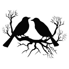 Birds on branch tree silhouette in black color. Vector template for tattoo or laser cutting.