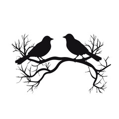 Birds on branch tree silhouette in black color. Vector template for tattoo or laser cutting.