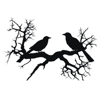 Birds on branch tree silhouette in black color. Vector template for tattoo or laser cutting.