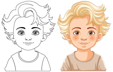 Vector illustration of a boy, black and white to color