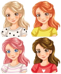 Papier Peint photo Lavable Enfants Four illustrated girls with different hairstyles and outfits.