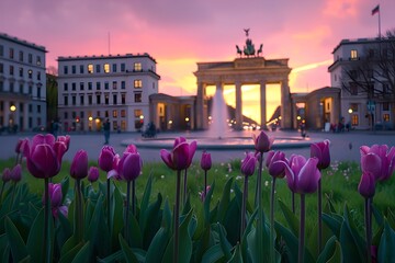 Purple tulips foregrounding city landmark at sunset. Peaceful, urban sunrise with historic architecture. Serene cityscape photography. Generative AI - obrazy, fototapety, plakaty