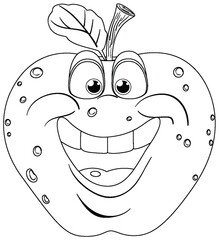Black and white illustration of a smiling strawberry.