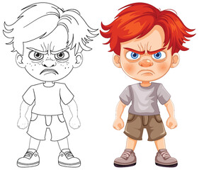 Color and outline of a cartoon boy looking angry
