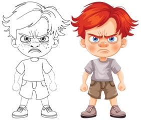 Wall murals Kids Color and outline of a cartoon boy looking angry
