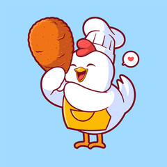 Cute chicken chef with fried chicken drumsticks mascot icon vector. Flat style cartoon animal illustration