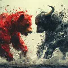 Tuinposter Abstract graphic design of a bear and bull fighting, with shattered pieces representing market disruption no grunge © Nat