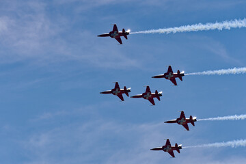 Patrouille Suisse doing aerobatics at Swiss Army exhibition at shooting range of Swiss City of...