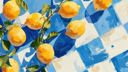 gouache painting of lemons on checkered blue and white paper, in the style of editorial illustrations