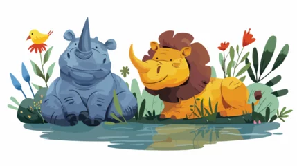 Fototapete Cartoon scene with rhinoceros rhino and hippopotamus © Ideas
