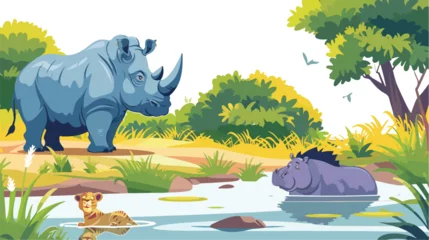 Foto op Canvas Cartoon scene with rhinoceros rhino and hippopotamus © Ideas