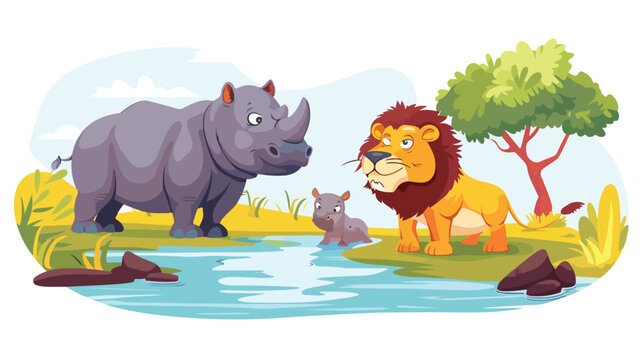 Cartoon scene with rhinoceros rhino and hippopotamus