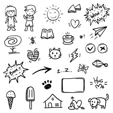 Hand drawn abstract thin line doodle set of objects, in Vector illustration