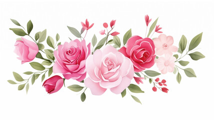 watercolor illustration pink, red, white Rose flower and green leaves. Florist bouquet, International Women's Day, Mother's Day, wedding flowers.