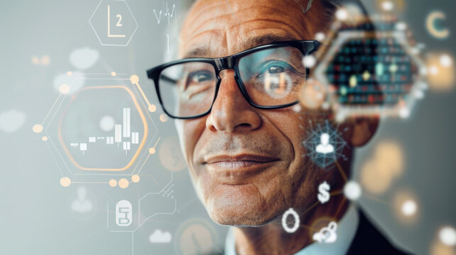 Portrait of a senior businessman in suit, with stock symbols, Forex chart hologram in background