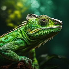 Cute green jaguana, netral black background.