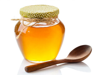 Honigglas mit Löffel isoliert auf weißen Hintergrund, Freisteller