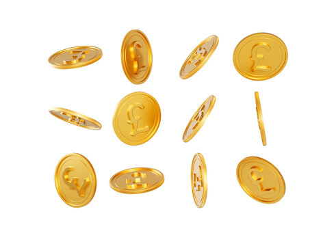 3d Falling Golden Shiny British Pound Rounded Coins On White Background 3d Illustration