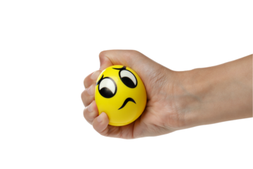 PNG, yellow ball, smiley clenched in hand, isolated on white background.