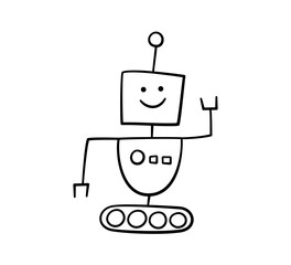 Happy funny doodle childish robot character. Kids hand drawn robot with smile face. Vector illustration isolated on white background.