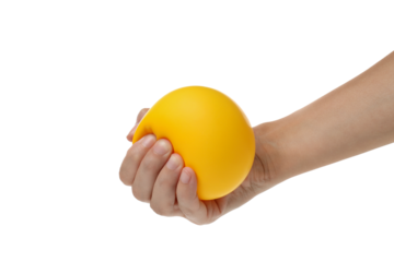 PNG, yellow ball, smiley clenched in hand, isolated on white background.