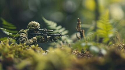 Soldier holding gun crouched and ambushed in the forest