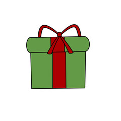 A green box with a red ribbon on it. The box is decorated for Christmas