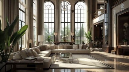 Fototapeta premium Interior of light living room with grey sofas, coffee table and large window