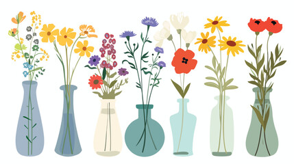 Colorful flower bouquet in vases trendy flat vector 