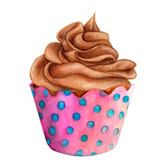Cupcake muffin cream watercolor drawing chocolate dotted nice paper. Cake bakery tasty dessert illustration. Birthday celebration pastry aquarelle picture isolated on white background