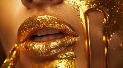 A woman's face is covered in gold paint, with her lips painted gold as well