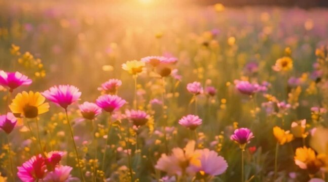 Colorful flower meadow at sunset.