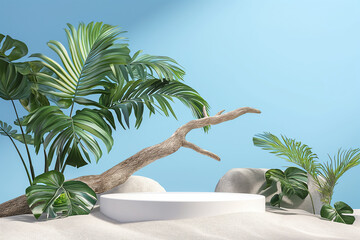 A white podium in round-shaped displayed on the sand with a big tree branch and some green tropical leaves with Blue sky background