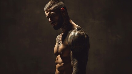 Portrait of handsome confident stylish hipster lambersexual model. Sexy modern man. Naked torso with tattoos. Fashion male posing in studio on dark background