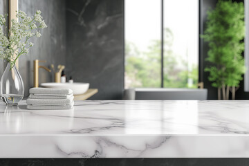 Empty marble table top for product display with bathroom interior background
