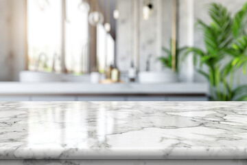 Empty marble table top with blurred bathroom interior background