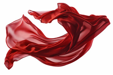 Flying red silk fabric, Waving satin cloth isolated on white background